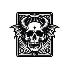 skull with horn and bat wing with tarot card in black and white illustrations, cutout graphic black and white illustration