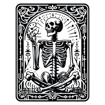 skelleton with tarot card in black and white illustrations, cutout graphic