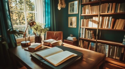 Local tutoring service with a tutor helping students in a cozy home office, books and educational materials neatly arranged around the space