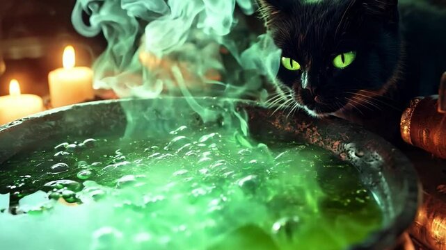 A black cat observes a bubbling green potion in a dimly lit room surrounded by candles and ancient books during a mystical evening