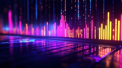 A 3D music equalizer bar glowing in a dark room with vibrant neon lights