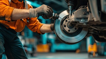 A mechanic performing a brake inspection on a car, showcasing the attention to detail and safety of the service.
