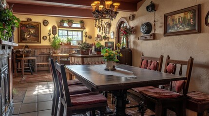Family-owned bed and breakfast with cozy, vintage-style rooms, guests enjoying a homemade breakfast in a charming dining area