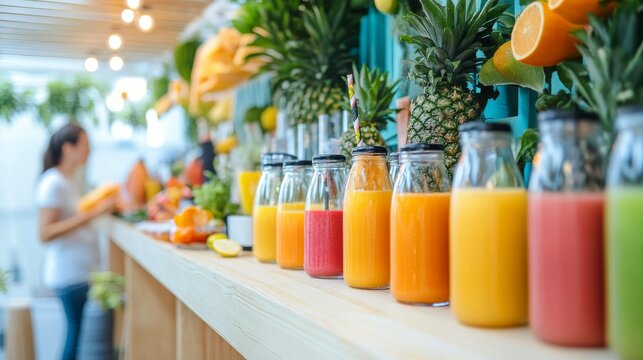 Pop-up juice bar with fresh fruit juices and smoothies displayed, bright and lively setup with friendly staff serving health-conscious customers - Powered by Adobe