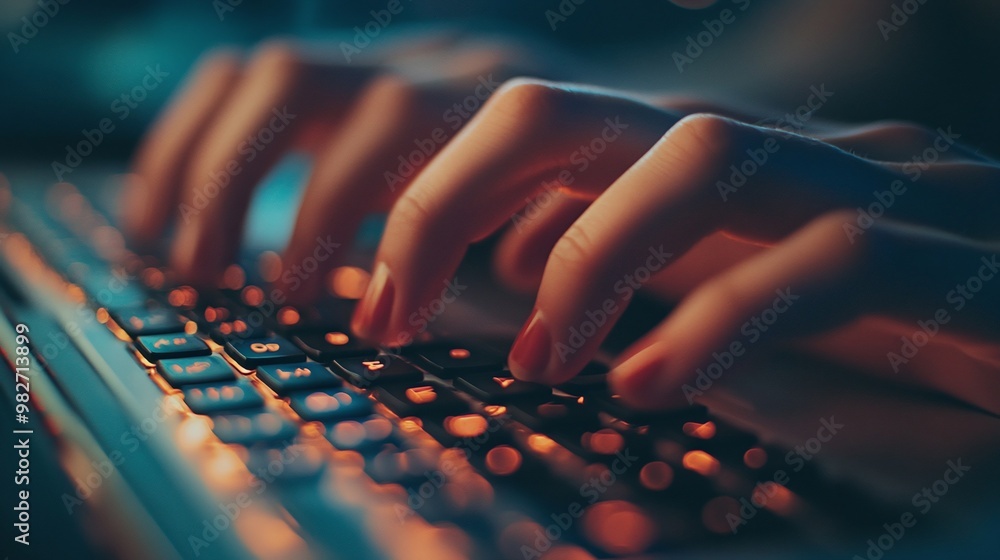 Poster keyboard typing close up with a person’s hands in action highlighting the digital interaction and of