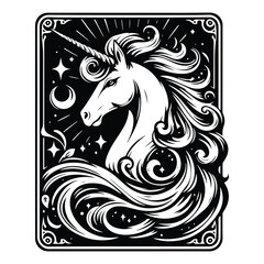 Obraz premium unicorn with tarot card in black and white illustrations, cutout graphic