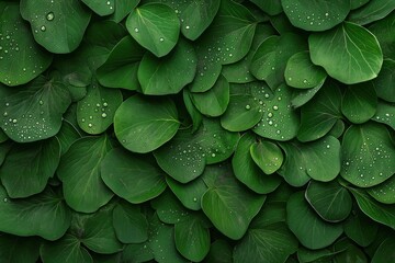 Obraz premium Close-up of green leaves with water droplets forming a dense natural pattern, conveying freshness and nature.