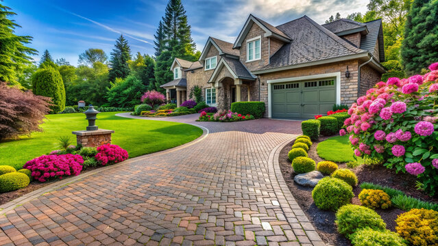 Beautifully landscaped residential driveway featuring interlocking pavers in a intricate pattern, surrounded by lush green grass and vibrant blooming flowers.