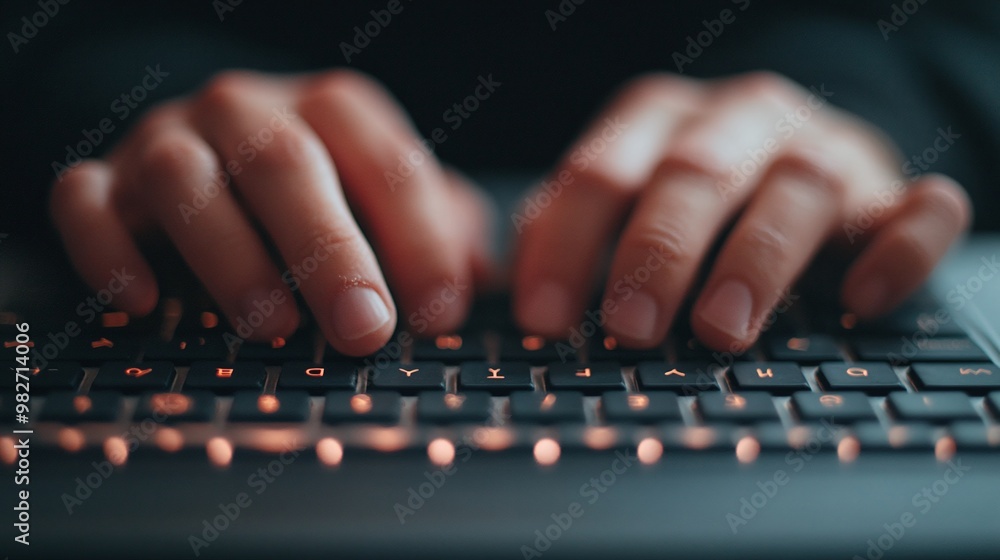Poster person’s hands typing on a keyboard in a close-up shot capturing the precision and speed of digital 