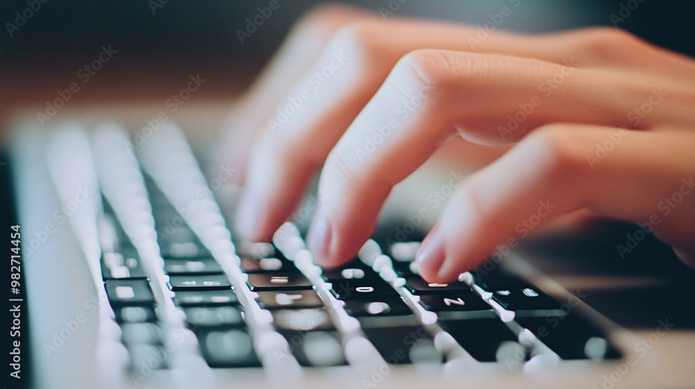 Poster close up of hands typing on a keyboard emphasizing the digital input and focus in a modern office en