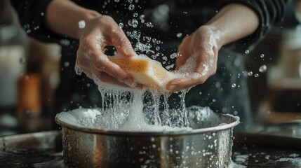 A persons hands scrubbing a metal pot with a sponge, soap bubbles and water splashing in a close-up.