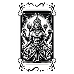 Vishnu hindu god with tarot card in black and white illustrations, cutout graphic