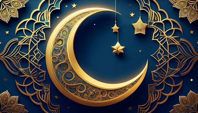 Illustration for eid al-fitr with golden crescent moon on dark blue background.