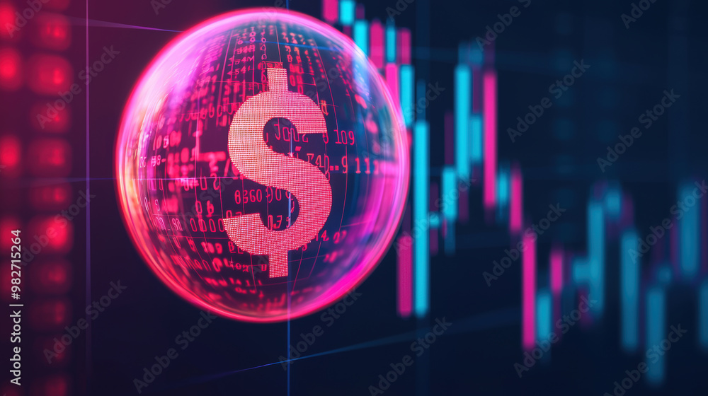 Aufkleber an abstract representation of an economic bubble featuring glowing dollar sign within digital sphere