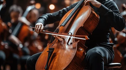Fotobehang cello player performing with a bow in a classical music orchestra capturing the art of live performance in a symphony concert © CinimaticWorks