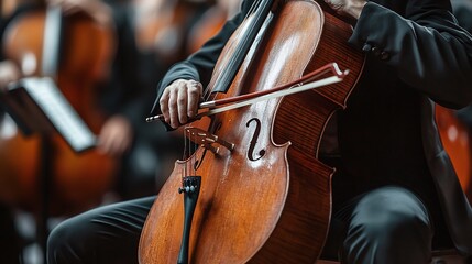 classical music concert with a cello player performing live in an orchestra creating a rich...