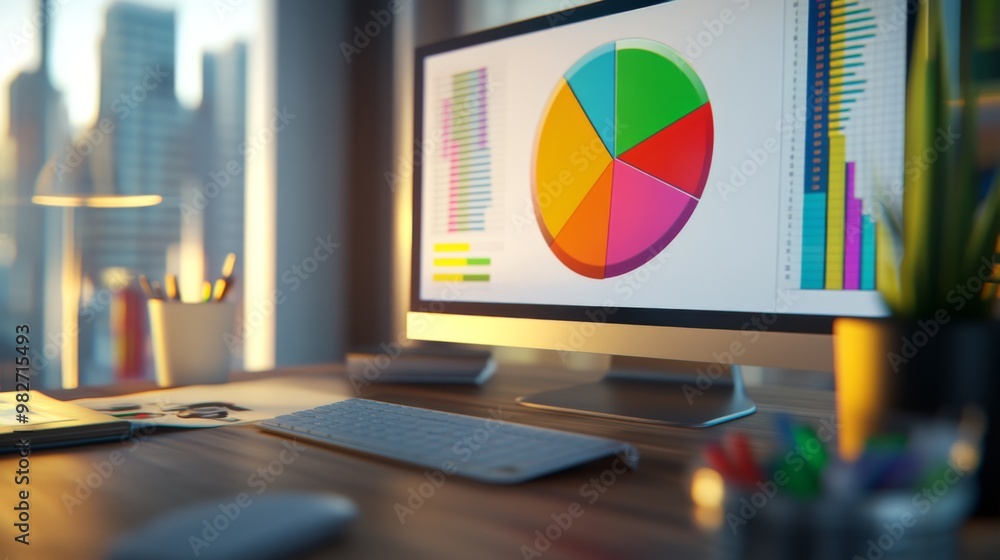 Poster a close-up of a financial pie chart on a computer screen, with colorful segments representing differ