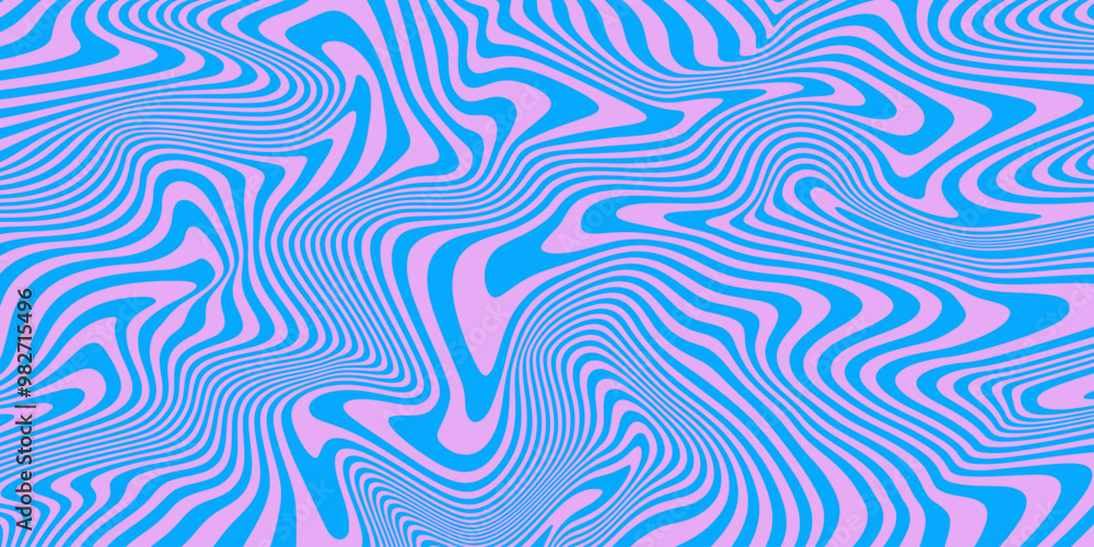 Poster Cool Y2k Wavy Vector Pattern. Trendy Groovy Abstract Curvy Striped Background. Geometric Linear Optical Illusion Art. Psychedelic Illustration.
