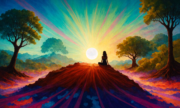Silhouette of a woman sitting on a hill at sunset in the bosom of nature among trees and meadows. Meditation in nature, colorful artistic illustration