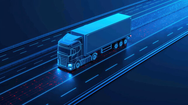 A futuristic truck travels along digital highway, illuminated by glowing lines and patterns, symbolizing advanced technology and logistics