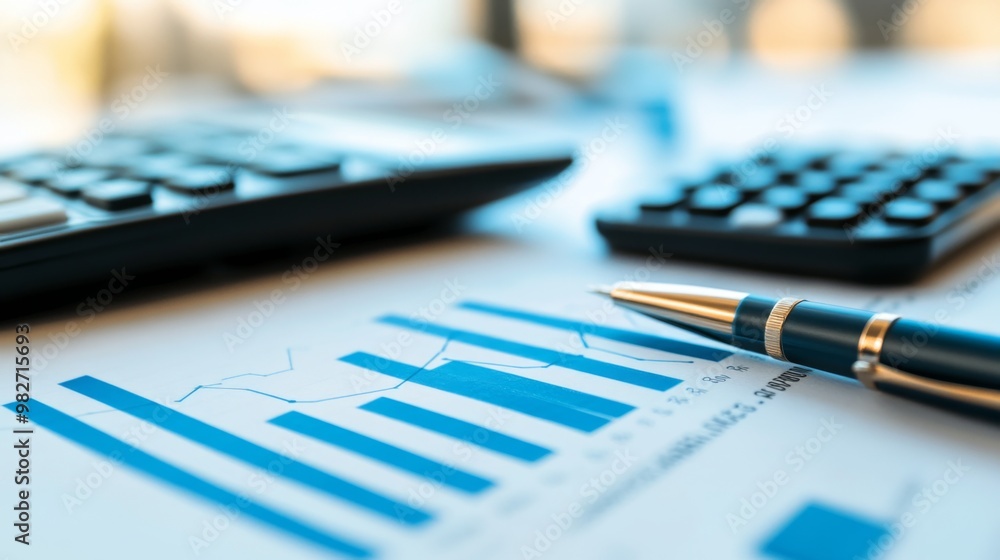 Poster a close-up of a financial report with a bar chart printed on paper, highlighting key data points and