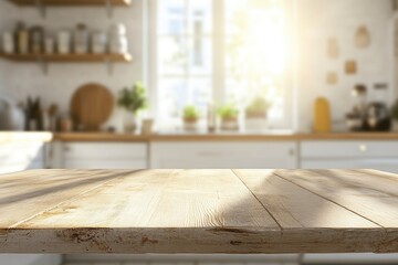 Beige Empty wooden table with the bright white interior of the kitchen as a blurred background behind the bokeh golden sunshine , ai