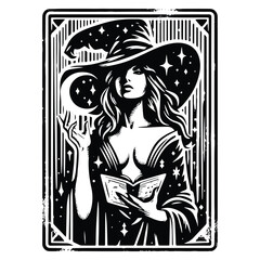 wizard female inside tarot card in black and white illustrations, cutout graphic