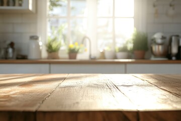 Beige Empty wooden table with the bright white interior of the kitchen as a blurred background behind the bokeh golden sunshine , ai
