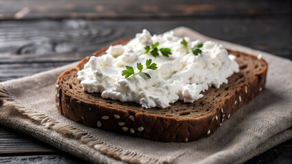 Slice of bread with quark on linen tablecloth on wooden table in rustic style. Open sandwiches with rye bread and white cottage cheese with green onions. Radieschenbrot, healthy snacks, vegetarian.