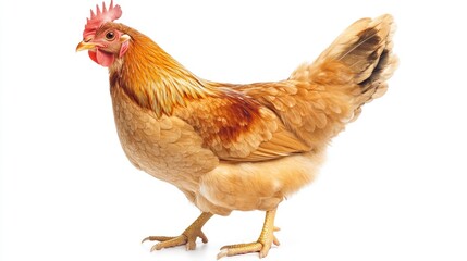 Fototapeta premium A graceful golden chicken with radiant, intricate feathers, posing elegantly on a minimalist white background for a refined visual