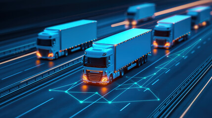 A convoy of trucks traveling on an illuminated highway at night, showcasing modern transportation technology and connectivity. scene evokes sense of movement and efficiency