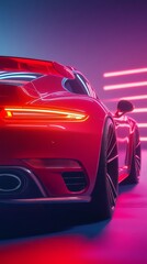 Naklejka premium Red Sports Car in Neon Lights.