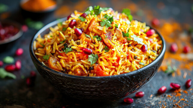 A bowl of vibrant vegetable biryani garnished with fresh herbs and spices, showcasing colorful mix of rice, vegetables, and pomegranate seeds. This dish is feast for eyes and palate