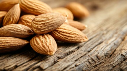 A close-up of a handful of raw almonds on a wooden surface, showcasing their natural texture and color with soft, warm lighting.