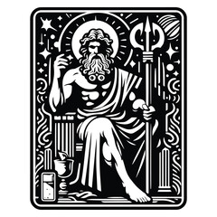 Fototapeta premium Zeus greek god with tarot card decoration in black and white illustrations, cutout graphic