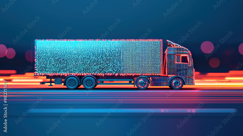Poster a side view of moving truck illuminated with vibrant lights, creating dynamic and energetic atmosphe