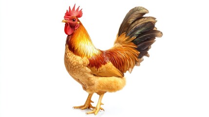 Fototapeta premium A beautiful and elegant golden chicken standing proudly, with intricate feather details shimmering against a clean white background