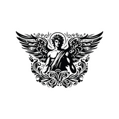 Fototapeta premium angel male with victorian flourish decoration in black and white illustrations, cutout graphic