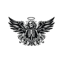 Naklejka premium angel skeleton with victorian flourish decoration in black and white illustrations, cutout graphic