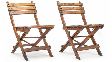 a pair of rustic wooden folding chairs with a natural finish