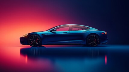 Fototapeta premium Blue Electric Car in Neon Lighting.