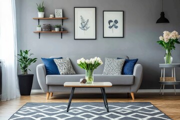 Sofa, decor on shelves, table with flowers in vase and picture on grey wall in interior of living room, ai