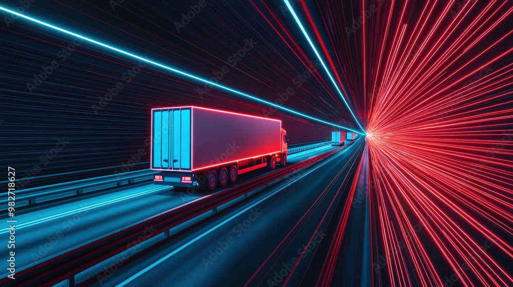 Poster trucks navigating through network of tunnels, illuminated by vibrant neon lights, create dynamic and