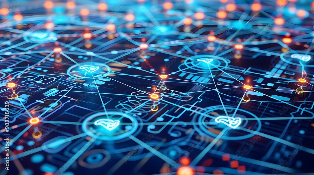 Poster a network of interconnected nodes, each node represented by a distinct, service-oriented symbol, com
