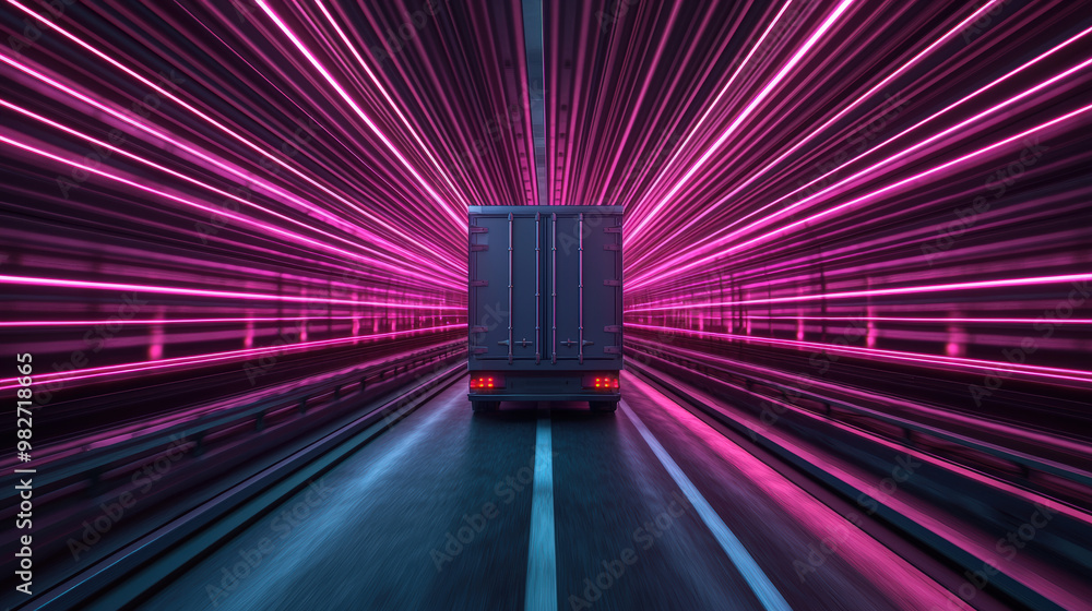 Poster a truck navigating through vibrant network of tunnels illuminated by pink lights creates dynamic and