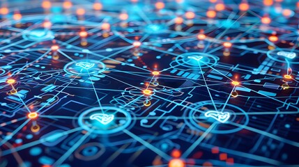 A network of interconnected nodes, each node represented by a distinct, service-oriented symbol, communicating seamlessly through a web of standardized, glowing data streams