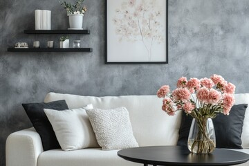 Sofa, decor on shelves, table with flowers in vase and picture on grey wall in interior of living room, ai