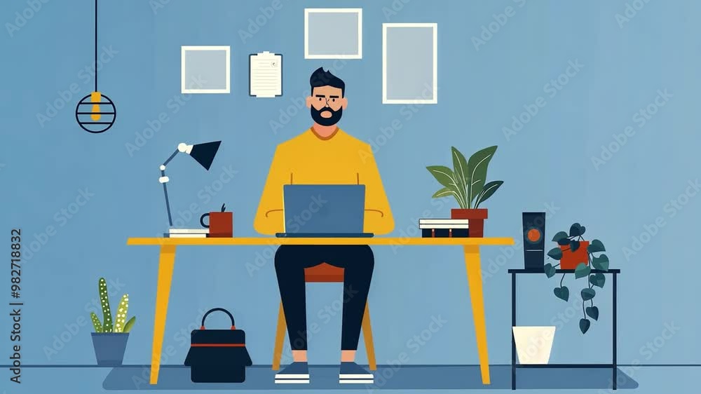 Poster the workspace features a man focused on his laptop with a warm lamp, surrounding plants, and books, 