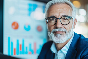 Senior businessman with grey beard looks at the camera.