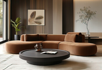 Modern living room with dark oak coffee tables and a comfortable sofa with fashionable fabrics in the trend of modern fashion.